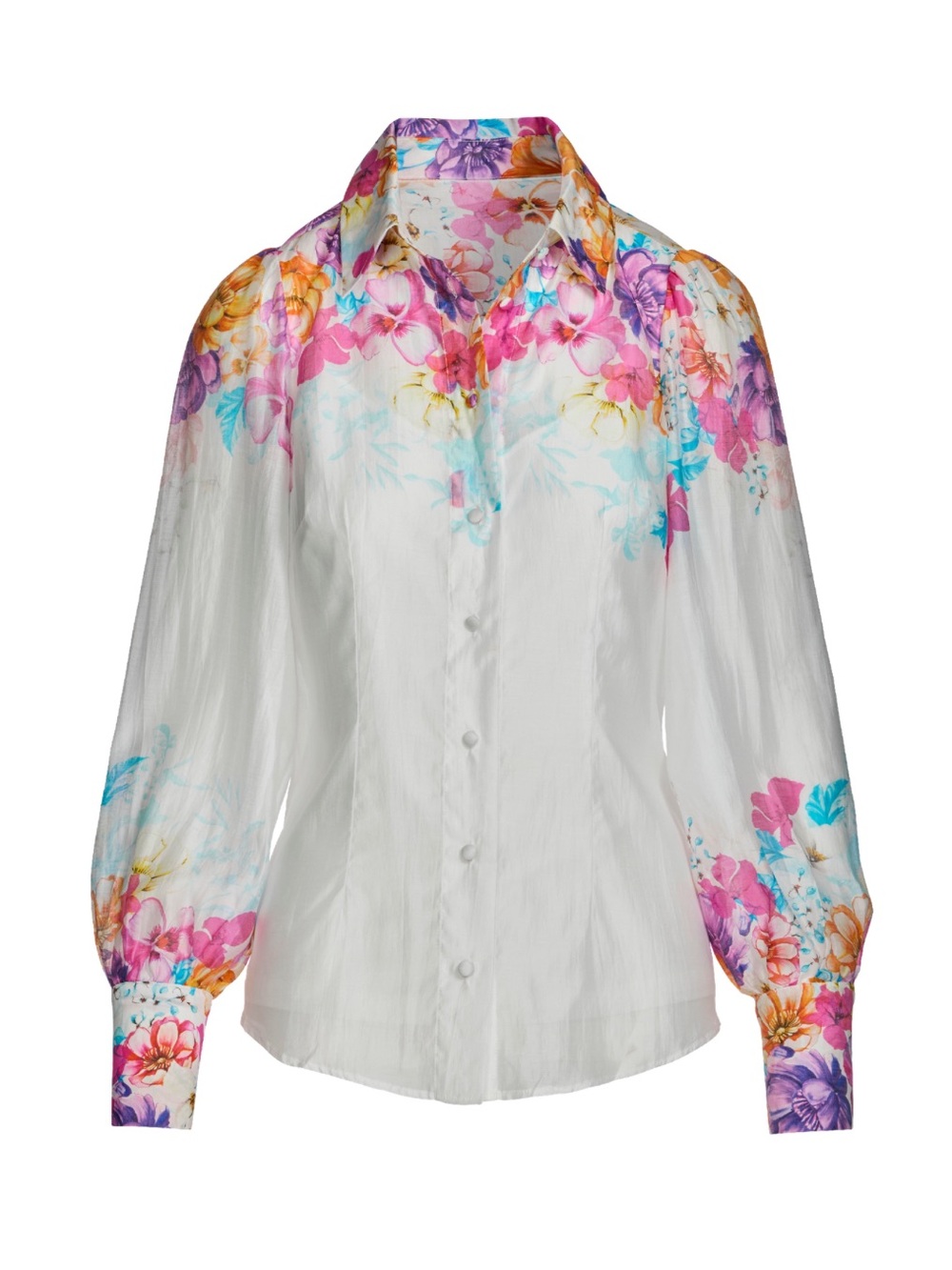 White Floral Button-Up Blouse with Puff Sleeves